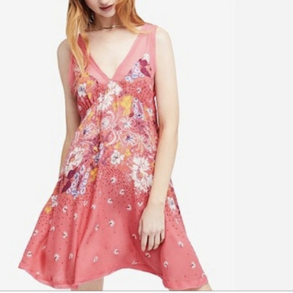 Free People Longwood Floral Mini Slip Dress Coral Medium NWOT